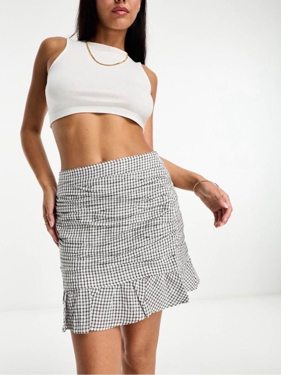 Abercrombie & Fitch Black And White Checkered Linen Mini Skirt With Ruffle Hem